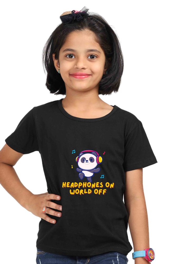 Headphones On World Off Panda Girls Half Sleeve T-Shirt