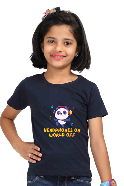 Headphones On World Off Panda Girls Half Sleeve T-Shirt